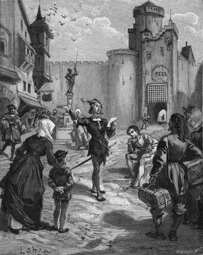 Niemiecki rycerz, poeta i humanista Ulrich von Hutten (1488-1523) deklamuje na ulicy jeden ze swoich wierszy. Rycina XIX wieku. W „Histoire de France” Julesa Micheleta autorstwa Unknown artist