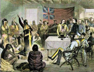 Wojna z Indianami w Stanach Zjednoczonych – Rada „Sitting Bull” z Sitting Bull i Buffalo Bill w Fort Walsh, terytorium brytyjskie, październik 1877 r. – Sitting Bull i Buffalo Bill: Sitting Bull Council w Fort Walsh, terytorium brytyjskie, podczas wojny z autorstwa Unknown artist