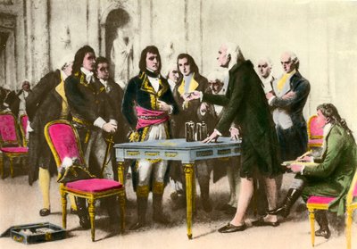 Włoski fizyk Alessandro (Alexandre) Volta (1745-1827) przedstawia swój stos Napoleonowi Bonaparte. 1801 Kolekcja prywatna autorstwa Unknown artist