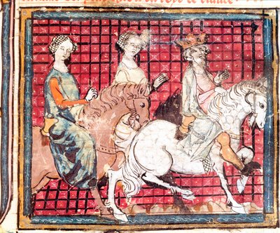 Król Franków Chilperic I (543-597) i Fredegonde koń Miniatura z „Grandes Chronicles de France”” 1375-1379 Biblioteka Miejska, Castres autorstwa Unknown artist