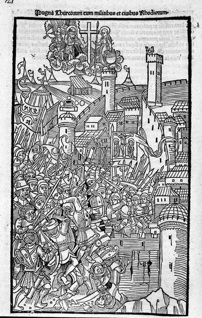 Rycerze z Rodos (Zakon Szpitalników św. Jana z Jerozolimy) atakujący Rhode Island w „Rhodiorum Historia” autorstwa Guilelmus Caorsin, Ulmae, Joh. Reger 24 października autorstwa Unknown artist