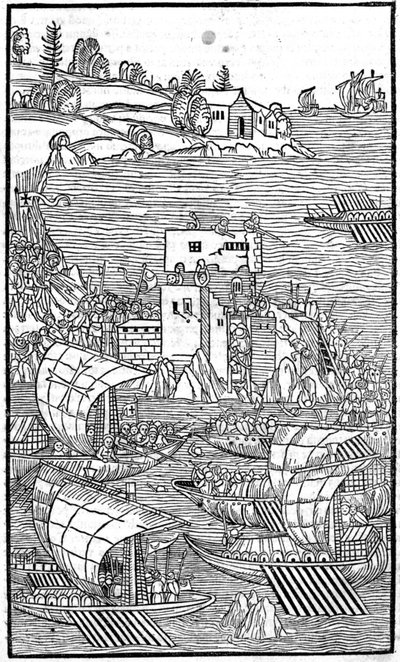 Rycerze z Rodos (Zakon Szpitalników św. Jana z Jerozolimy) atakujący Rhode Island w „Rhodiorum Historia” autorstwa Guilelmus Caorsin, Ulmae, Joh. Reger 24 października autorstwa Unknown artist
