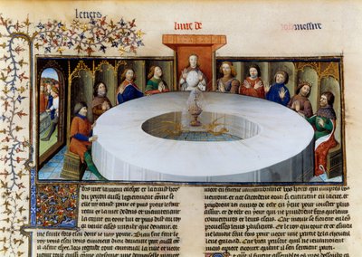 Rycerze Okrągłego Stołu z „Historii Lancelota”. Ukazanie się Świętego Graala przed Rycerzami Okrągłego Stołu, miniatura zaczerpnięta z „Historii Lancelota”, velin autorstwa Unknown artist