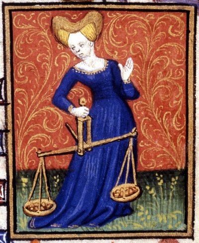Waga. Miniatura horoskopu. Rękopis z XV wieku. Biblia Trivulziana, Mediolan. autorstwa Unknown artist