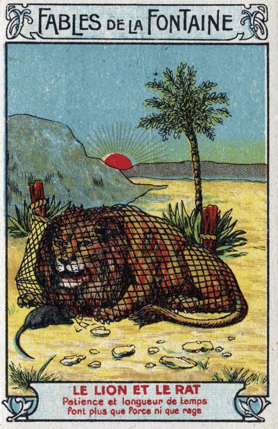 Lew i szczur - Bajki Jeana de La Fontaine (1621-95) - Chromolitografia z końca XIX wieku Kolekcja prywatna autorstwa Unknown artist
