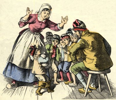 Mały Poulet i jego bracia wracają do domu, do swoich rodziców. Ilustracja do bajki „Le Petit Poucet” autorstwa Charlesa Perraulta autorstwa Unknown artist