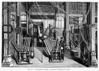 Gramy maszynowe na wystawie elektryczności w 1881 r. – w „Nowych podbojach nauki” Louisa Figuiera. autorstwa Unknown artist