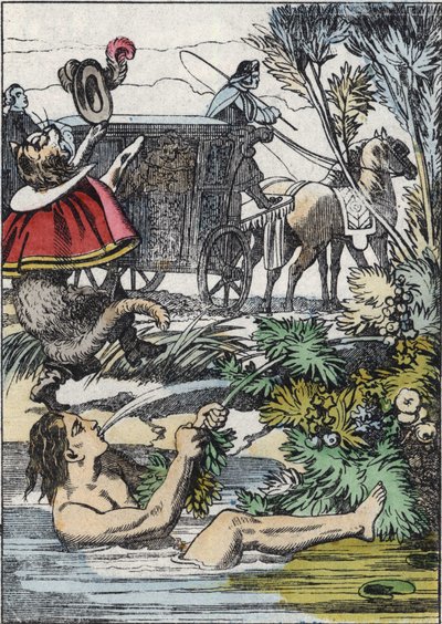 Markiz de Carabas udaje, że tonie, podczas gdy kocica woła o pomoc. Ilustracja do bajki „Kot botte” Charlesa Perrault autorstwa Unknown artist