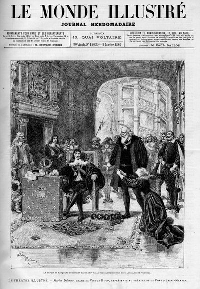 Markiz de Nangis (w interpretacji Dumaine) i Marion (Sara Bernhardt) błagają króla Ludwika XIII (Garnier). Utwór teatralny „Marion Delorme”, dramat Victora Hugo (1802-1885) przedstawia w teatrze drzwi Saint Martin po tym, jak został zakazany przez autorstwa Unknown artist