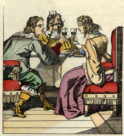 Markiz Carabas zaprasza księżniczkę i króla na posiłek do zamku. Ilustracja do bajki „Kot botte” Charlesa Perrault autorstwa Unknown artist