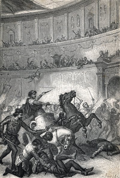 Masakra w Tesalonice w 390 roku. Rycina 1884 autorstwa Unknown artist