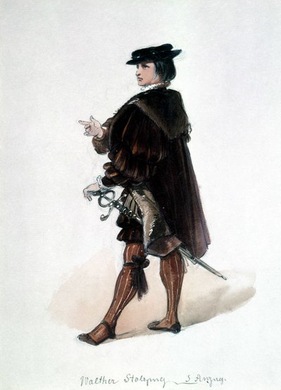 The Master Singers of Norymberga (Die Meistersinger von Nürnberg), opera stworzona przez Richarda Wagnera: kostium Walthera von Stolzing do pierwszego przedstawienia. Muzeum Wagnera w Bayreuth. autorstwa Unknown artist