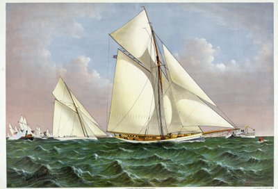Mayflower, żaglówka, która zdobyła regaty Pucharu Ameryki, jest witana przez flotę w Zatoce Nowojorskiej. 07.09.1886 XIX-wieczna litografia autorstwa Unknown artist