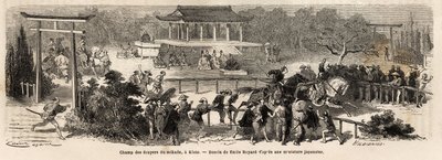Dziedziniec Giermków Mikado (Cesarz Japonii) w Kioto (lub Kioto), tor treningowo-treningowy dla koni cesarskich. Rycina ilustrująca podróż do Japonii w latach 1863-1864 autorstwa Aime Humberta, ministra Konfederacji Szwajcarskiej, w „Le tour du monde, nouv autorstwa Unknown artist