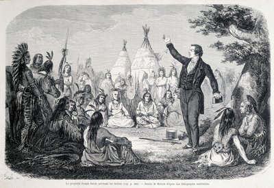 Mormon Prorok Józef Smith nauczający Indian (Ameryka Północna). Ilustracja z XIX wieku. autorstwa Unknown artist
