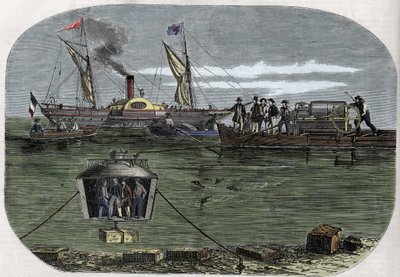 Dzwonek do nurkowania „Nautilus” dr Antoine Prosper Payerne eksperymentował w Sekwanie w Paryżu, a następnie udoskonalił go w Stanach Zjednoczonych. Grawer (1858) w Le „”Monde sławny””. autorstwa Unknown artist