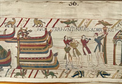Normanowie ciągną swoje statki na morze, Bayeux Tapestry (haft wełniany na płótnie) autorstwa Unknown artist
