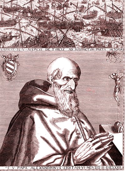 Papież Pius V zawiera sojusz z flotą hiszpańską i flotą wenecką przeciwko Turkom w bitwie pod Lepante w październiku 1571 r. autorstwa Unknown artist