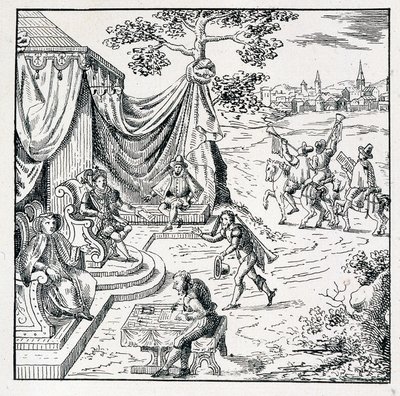 Książę Condé uzyskał od Karola IX (1550-1574) edycję, dzięki której zezwolił kalwinom na praktykowanie swojej religii w królestwie (Pokój St Germain podpisany 08.08./1570) - w „Zbiorze 39 figur przedstawiających nieszczęścia Francji autorstwa Unknown artist