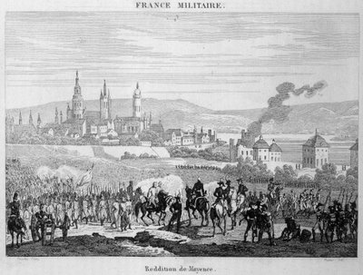 Wojska pruskie przejęły od Francuzów miasto Moguncja (lub Moguncja) w Niemczech, lipiec 1793. Rycina z XIX wieku. autorstwa Unknown artist