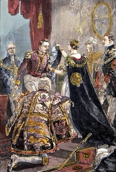 Królowa Wiktoria inwestuje cesarza Francuzów w Order Podwiązki w zamku Windsor autorstwa Unknown artist