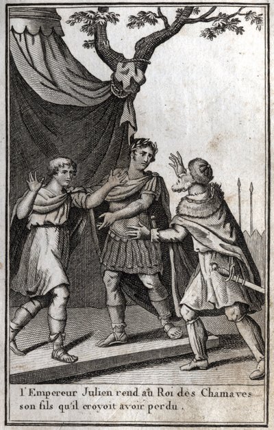 Cesarz rzymski Julian (Flavius Claudius Julianus, Julian Apostata, Julian Filozof, Julian II) (332-363) oddaje królowi germańskiego ludu Chamaves syna, którego, jak sądził, stracił. IV wiek. Grawerowanie w „Beaute de l autorstwa Unknown artist