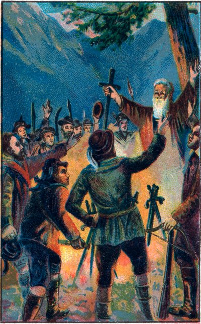 Rutlischwur (przysięga Rutli) - legendarna przysięga Starej Konfederacji Szwajcarskiej - Trzech szwajcarskich konfederatów przysięgających wierność Ruetli - Le Oath du Grutli (Rutlischwur) (Patto del Grutli) mit założycielski Szwajcarii w 1307 Chromolitogr autorstwa Unknown artist