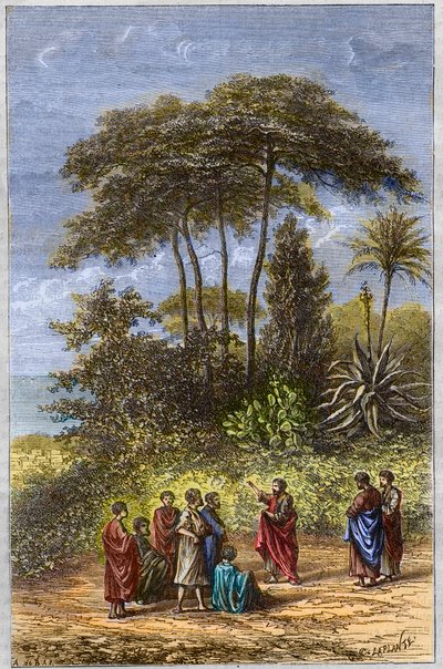 Szkoła Pitagorasa - Pitagoras wśród jego uczniów w Krotonie - rycina 1879 - Filozof Pitagoras i jego uczniowie pod cieniowaniem Crotone, rycina 1879 autorstwa Unknown artist