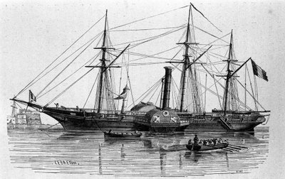 Sfinks, pierwszy parowiec francuskiej marynarki wojennej zbudowany w 1830 roku. Rycina z XIX wieku. autorstwa Unknown artist