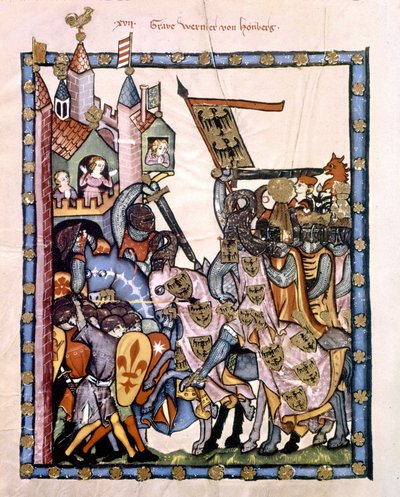 Szwajcarski poeta i rycerz Graf Werner von Homberg (1284-1320) na usługach cesarza Henryka VII oblegał warownię bronioną przez wojska Angevine na Sycylii. Miniatura Kodeksu „Manesse” lub „Manessesche Liederhandschrift”, przy której znajduje się rękopis autorstwa Unknown artist