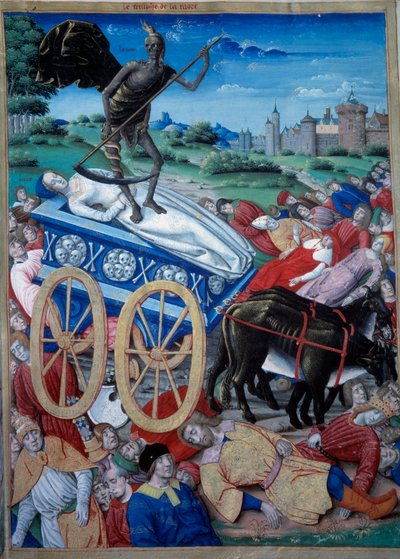 Triumf śmierci. Alegoryczne przedstawienie Śmierci z podróbką na zaczepie, trupy leżą na ziemi. Miniatura z „Triumfów, sonetów i pieśni” Petrarki (Francesco Petrarca autorstwa Unknown artist