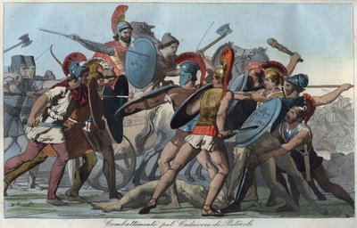 Wojna trojańska - Bitwa o ciało Patroklosa - grawerowanie z „Zwyczajów i zwyczajów wszystkich narodów wszechświata”. Czyli Historia rządów, praw, milicji, religii wszystkich narodów od najdawniejszych czasów do dnia dzisiejszego”18 autorstwa Unknown artist