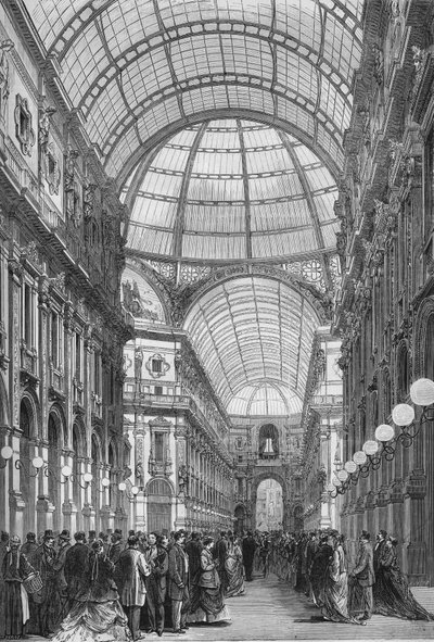 Galeria Victora Emmanuela (Victor-Emmanuel) w Mediolanie w 1867 r. (Galleria Vittorio Emanuele). Grawerowanie z 1867 roku. autorstwa Unknown artist