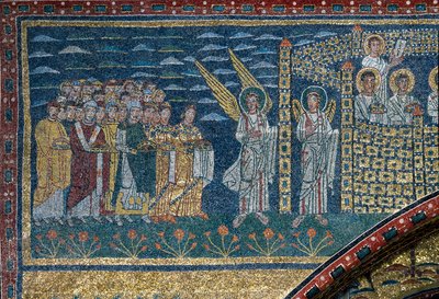 Wizja Niebiańskiej Jerozolimy: Wybrani zmierzają w kierunku miasta strzeżonego przez aniołów. Szczegół. Mozaika około 830. Łuk triumfalny bazyliki Santa Prassede, Rzym autorstwa Unknown artist
