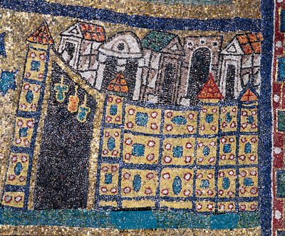 Wizja Niebiańskiej Jerozolimy: szczegół Jerozolimy przedstawiony w ufortyfikowanym cytacie. Mozaika około 830. Łuk triumfalny bazyliki Santa Prassede, Rzym autorstwa Unknown artist
