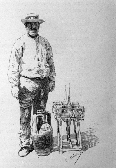 Acquaiolo: przewoźnik wody na Sycylii, chodził od domu do domu, aby rozdawać wodę mieszkańcom. Grawerowanie XIX wieku autorstwa Unknown artist