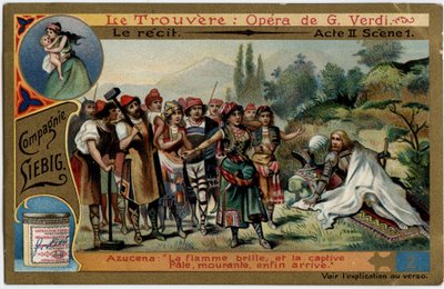 Akt II scena 1.Ilustracja do opery „Znalezisko” (Truvatore) Giuseppe Verdiego (1813-1901). Chromolitografia (Chromo) Liebig z końca XIX wieku. autorstwa Unknown artist