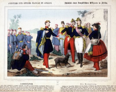 Przygody francuskiego oficera w Afryce. Młody oficer, dowódca posterunku zaatakowanego przez Arabów, został rozbrojony i aresztowany przed naradą wojenną. autorstwa Unknown artist