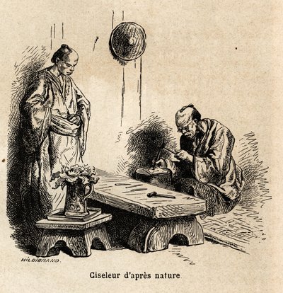 Dłuto po naturze. Rycina ilustrująca podróż do Japonii w latach 1863-1864, autorstwa Aime Humberta, ministra Konfederacji Szwajcarskiej, w „Le tour du monde, nouveau journal des voyages”, wydanej pod kierunkiem Edouarda Chartona autorstwa Unknown artist