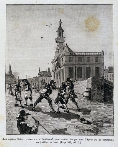 Agenci stacjonowali na Pont Neuf, aby powstrzymać tych, którzy nie mogli uzasadnić swoich praw. autorstwa Unknown artist