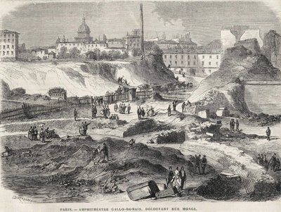 Amfiteatr Gallo Romain odkrył w 1870 roku przy Rue Monge w Paryżu, dziś Arenes de Lutèce. Rycina XIX wieku. autorstwa Unknown artist