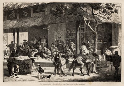 Animacja domu i działania ulicy. Grawer ilustrujący wyprawę do Japonii w latach 1863-1864 autorstwa Aime Humberta, ministra Konfederacji Szwajcarskiej, w „Le tour du monde, nouveau journal des voyages”” wydawanym pod kierunkiem autorstwa Unknown artist