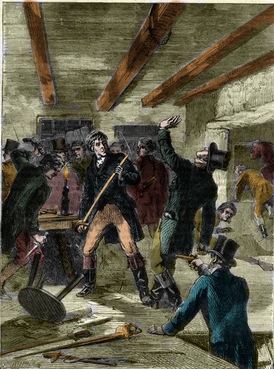 Aresztowanie spiskowców z ulicy Cato (rycina) – „Spiskowcy z ulicy Cato…” (Cato Street Conspiracy) autorstwa Unknown artist