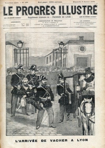 Przybycie Josepha Vachera „zabójcy pasterzy” (1869-1898) do więzienia w Lyonie w 1898 r. – okładka „Postępowy-znakomity” z 9 stycznia 1898 r. autorstwa Unknown artist