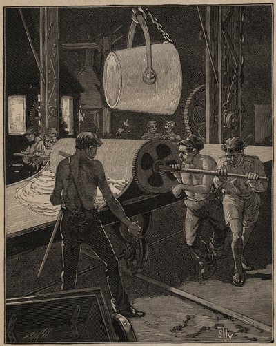 Sztuka szkła: robienie lodów. Krok zwany „wielkim przepływem”. Grawer z 1885 roku w „Les arts et metiers illustres” Adolphe BITARD. autorstwa Unknown artist