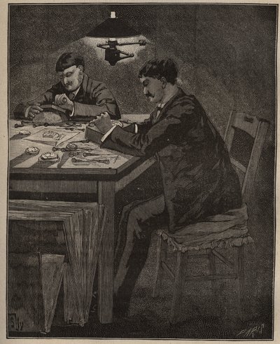 Sztuka lapidarium: grawerowanie muszli kamea (muszla kamea). Grawer z 1885 roku w „Les arts et metiers illustres” Adolphe BITARD. autorstwa Unknown artist
