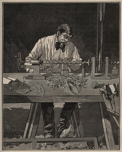 Sztuka tokarska: licowanie kolumny tułowia. Grawer z 1885 roku w „Les arts et metiers illustres” Adolphe BITARD. autorstwa Unknown artist