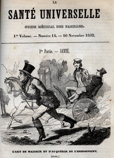 Sztuka chudnięcia i nadwagi: jeden człowiek chodzi, drugi jest przewożony powozem - grawerowanie w „La Sante Universelle - Guide Medical des Familles” 1852 autorstwa Unknown artist