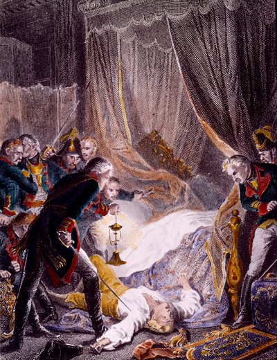 Zabójstwo Pawła I Pietrowicza (1754-1801), rosyjskiego cara w jego pokoju w Pałacu św. Michała po tym, jak został zmuszony do podpisania swojej abdykacji. Grawer około 1801 r. Kolekcja prywatna autorstwa Unknown artist