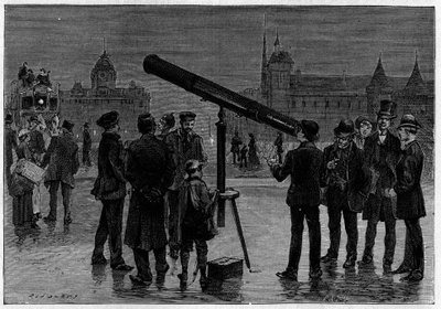 Astronom i jego astronomiczna luneta na Place du Chatelet w Paryżu w czasie obserwacji planety Wenus w lutym 1889 r. Grawer w „” La Nature. Revue des sciences et de ses applications aux arts et a l